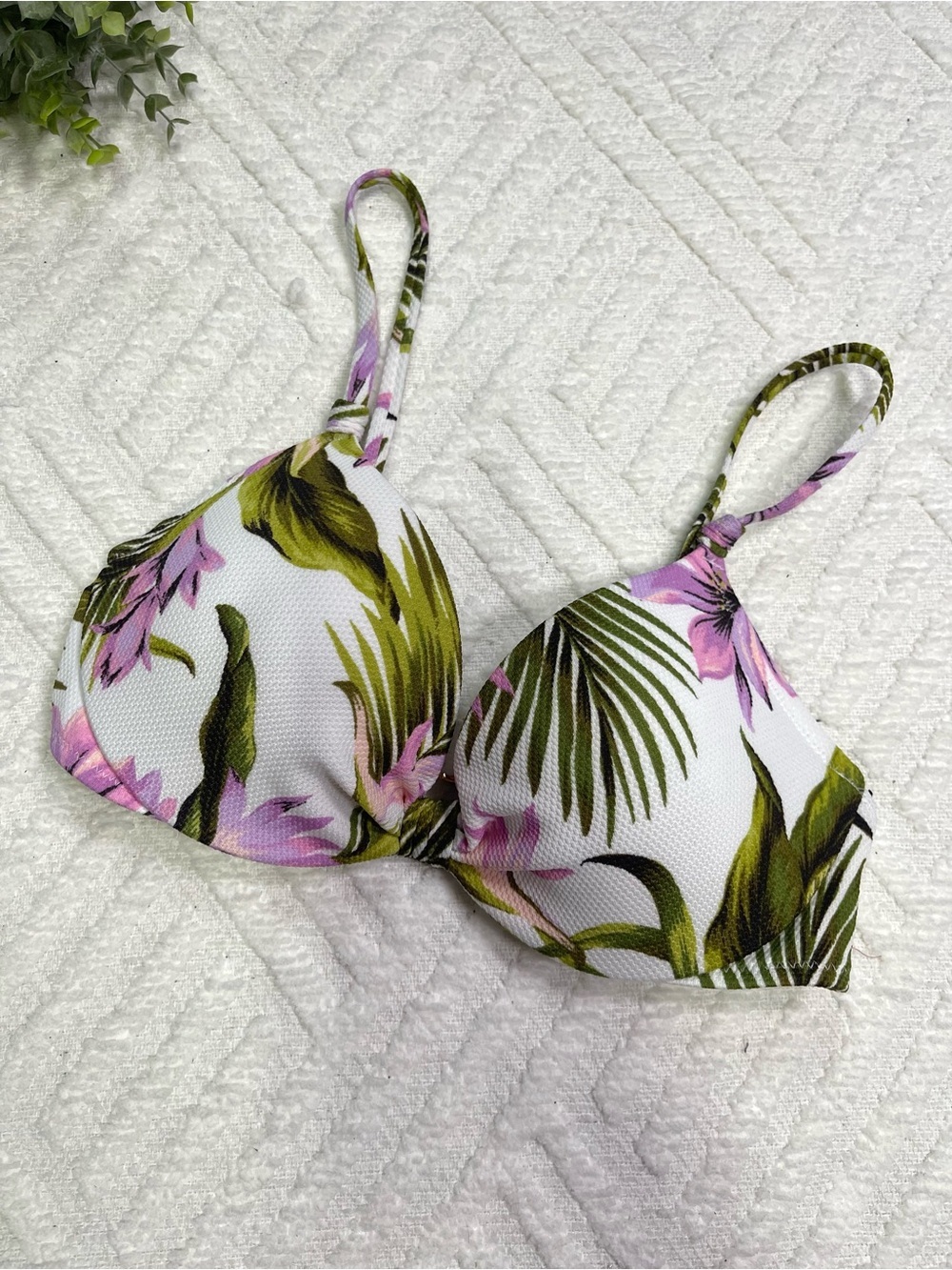 Shade & Shore White Bikini Top with Green Leaves & Pink Flowers
